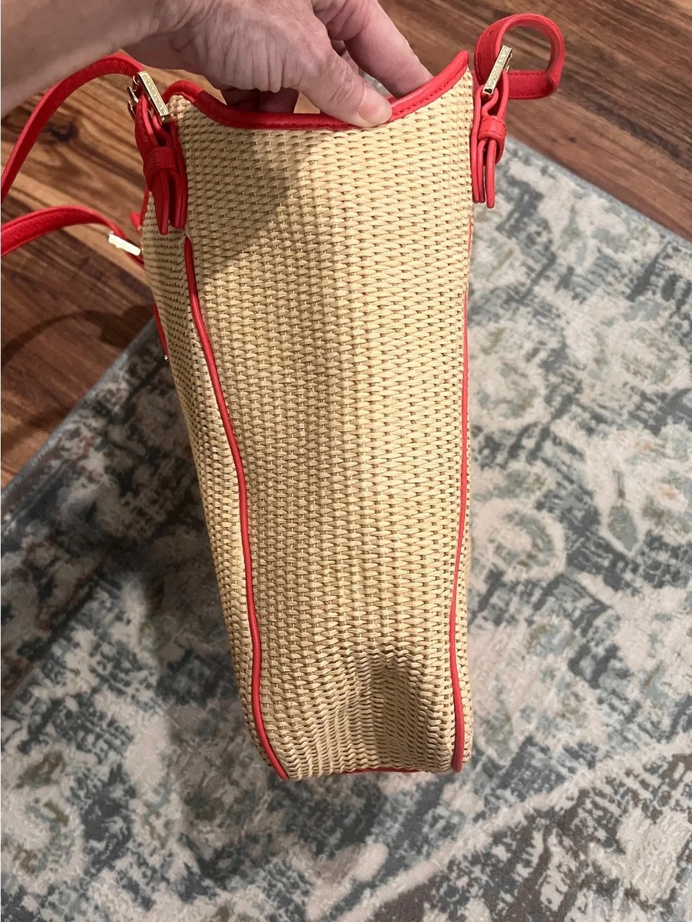 Tory Burch Raffia Straw Tote with Poppy Red Leather Trim